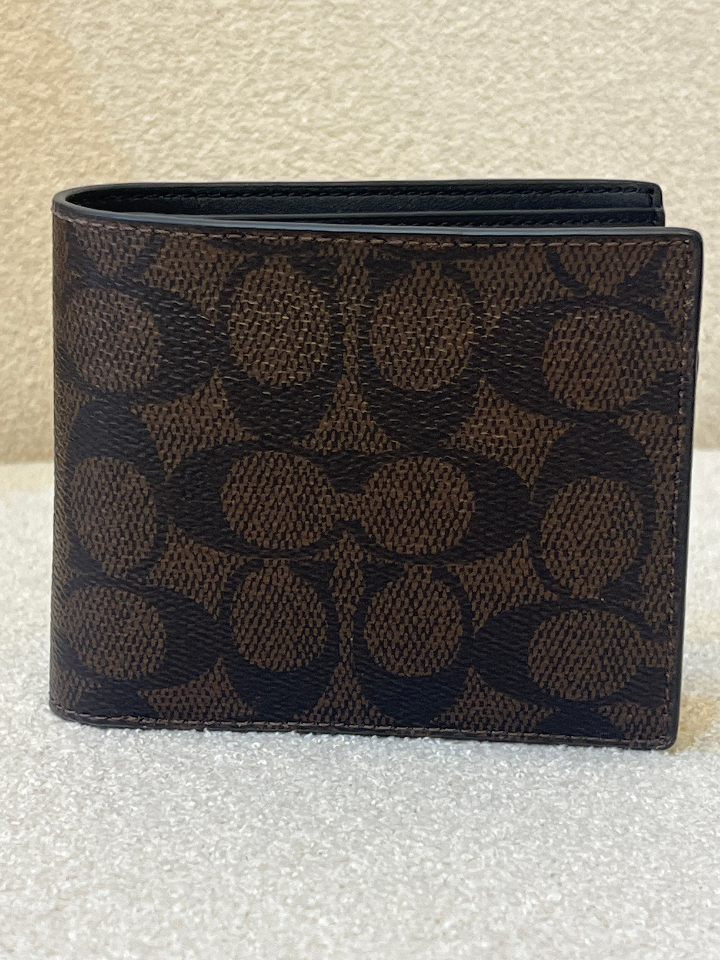 COACH Men's CA001 3-in-1 Wallet in Blocked Signature Mahogany Multi, featuring signature coated canvas and refined calf leather