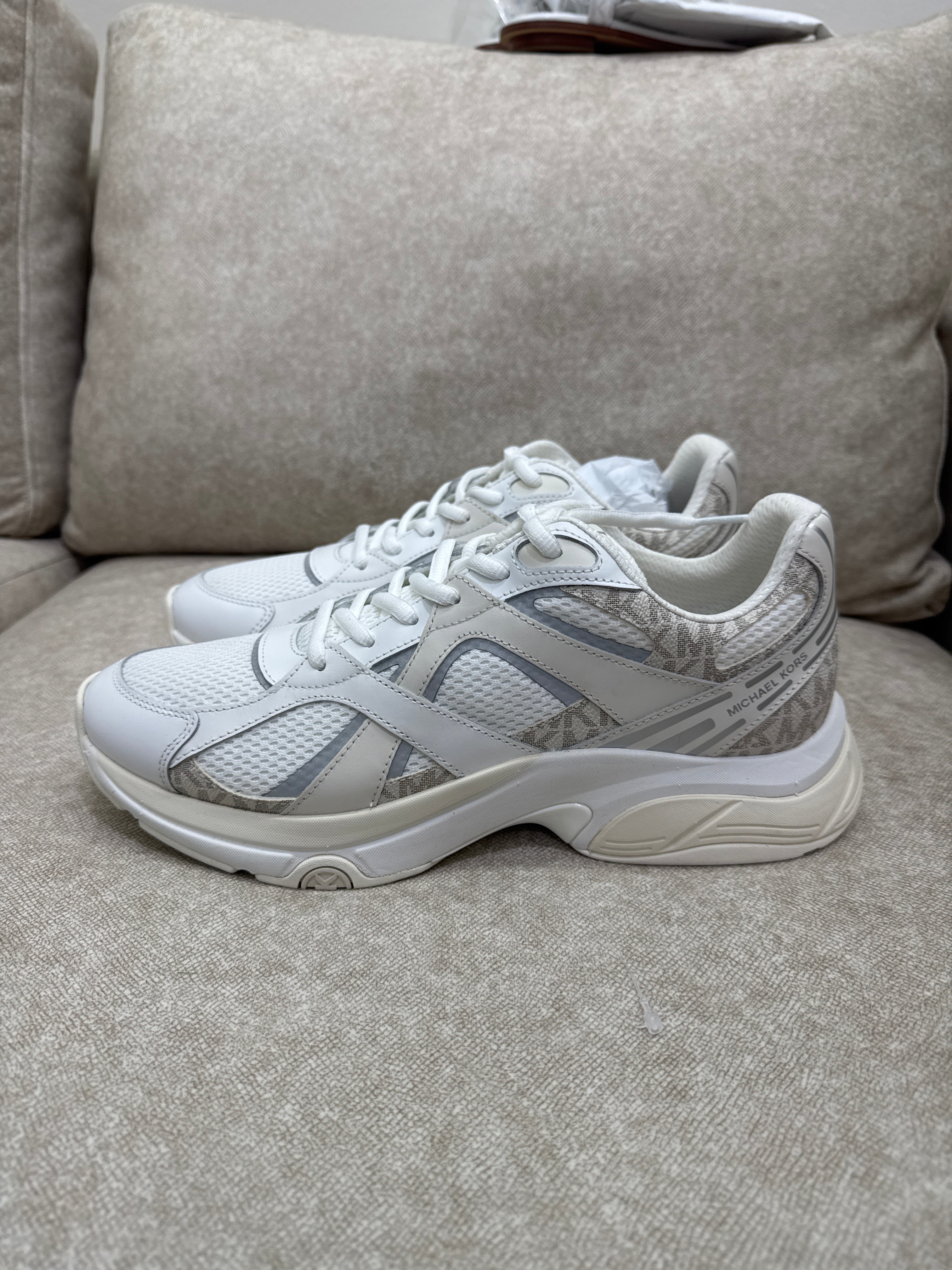 Michael Kors Leo Mixed-Media Trainer in the Vanilla Combo color