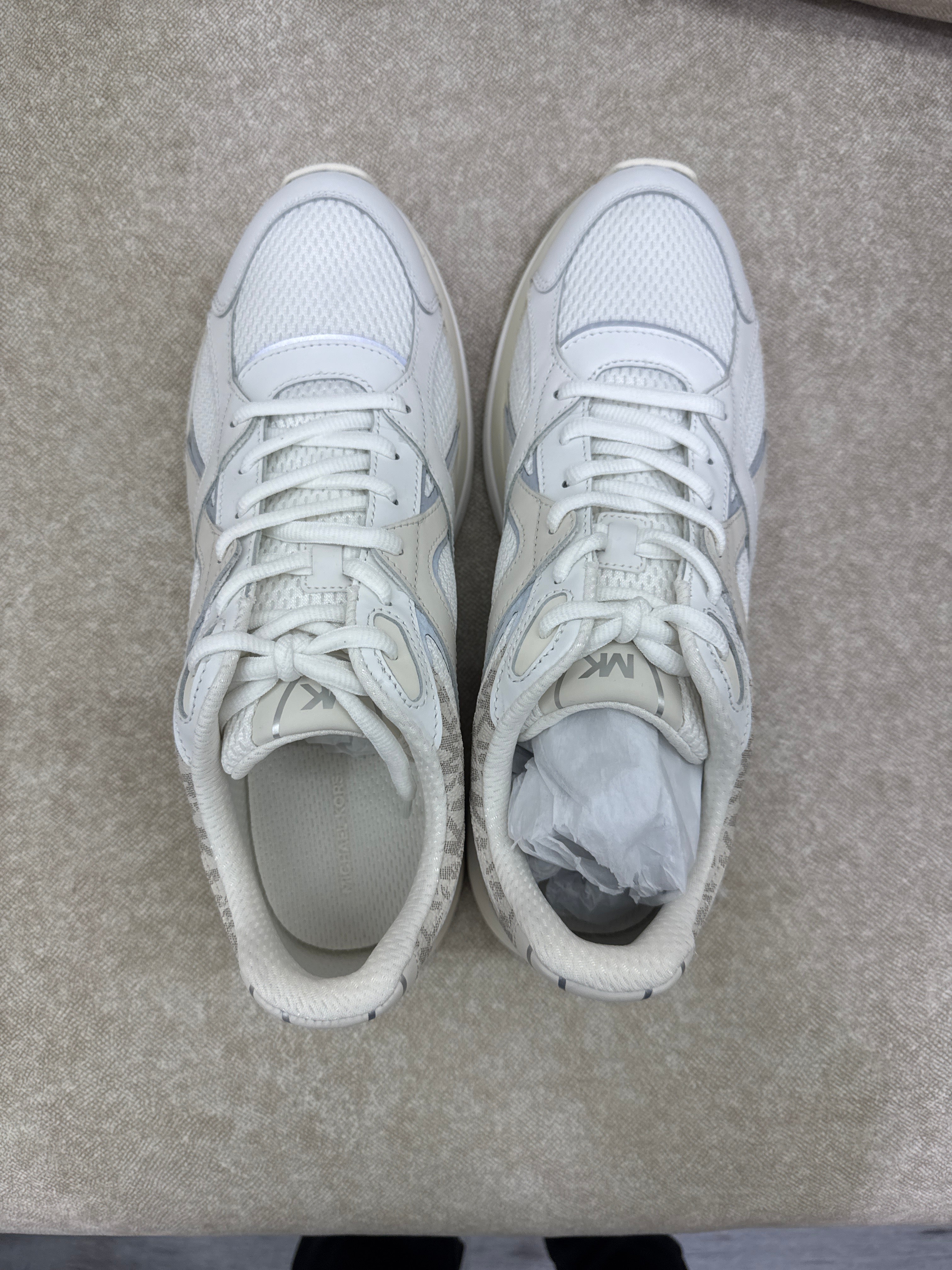 Michael Kors Leo Mixed-Media Trainer in the Vanilla Combo color