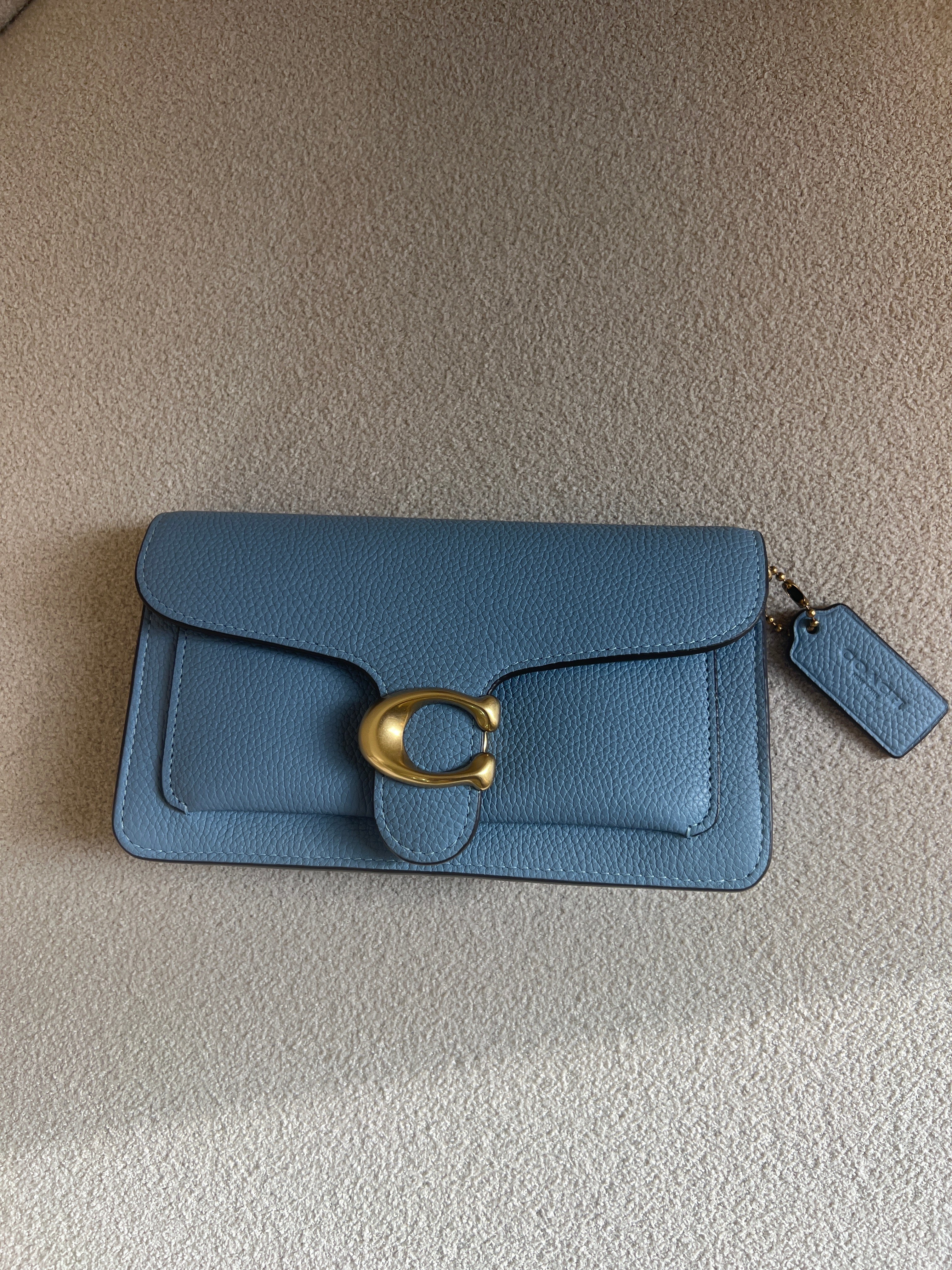 Blue Coach Tabby Chain Clutch featuring pebbled leather and gold-tone hardware