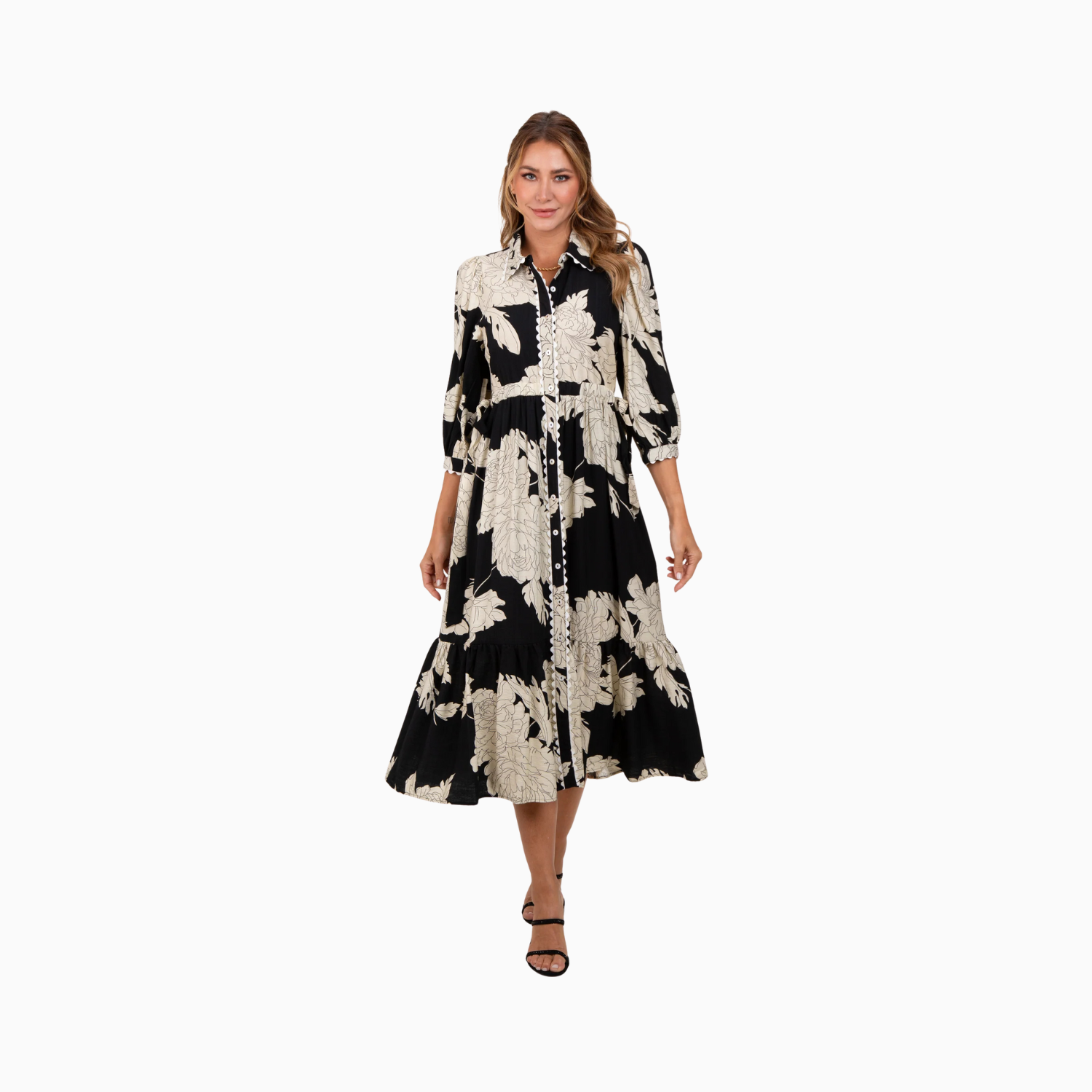 Black Floral Print Cinched Tie Waist Shirt Dress