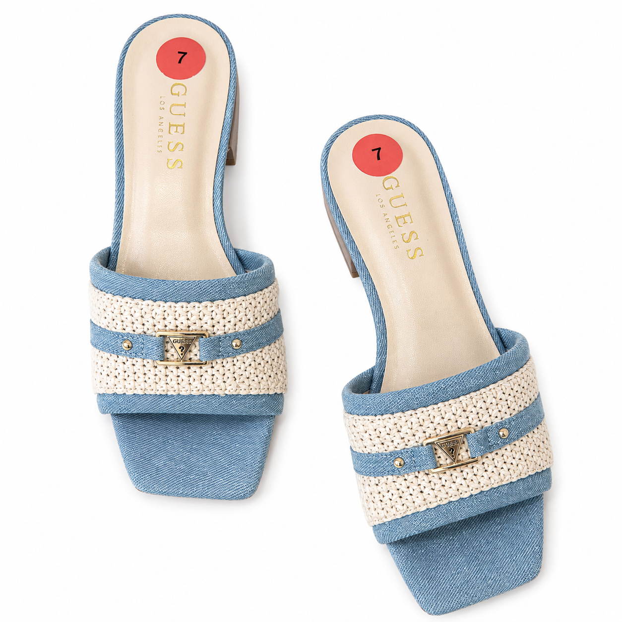 GUESS TEXTURED DENIM SLIP-ON SANDALS