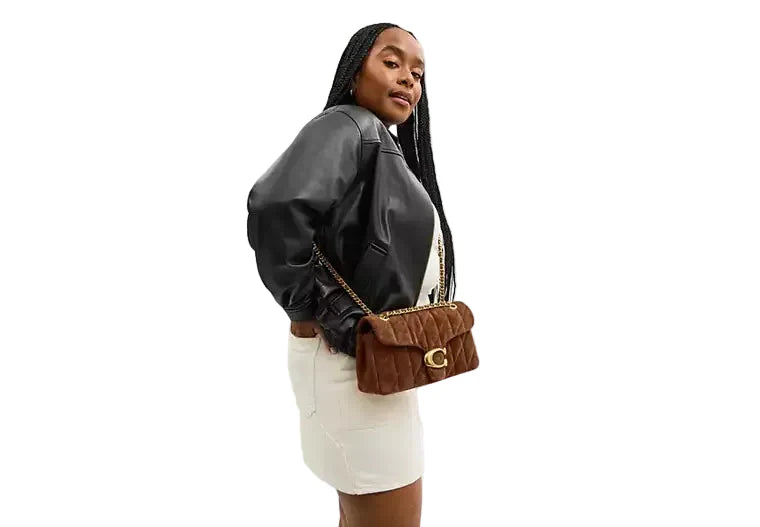 Coach Quilted Tabby 26 shoulder bag in suede with a gold-tone logo hardware and a chain strap