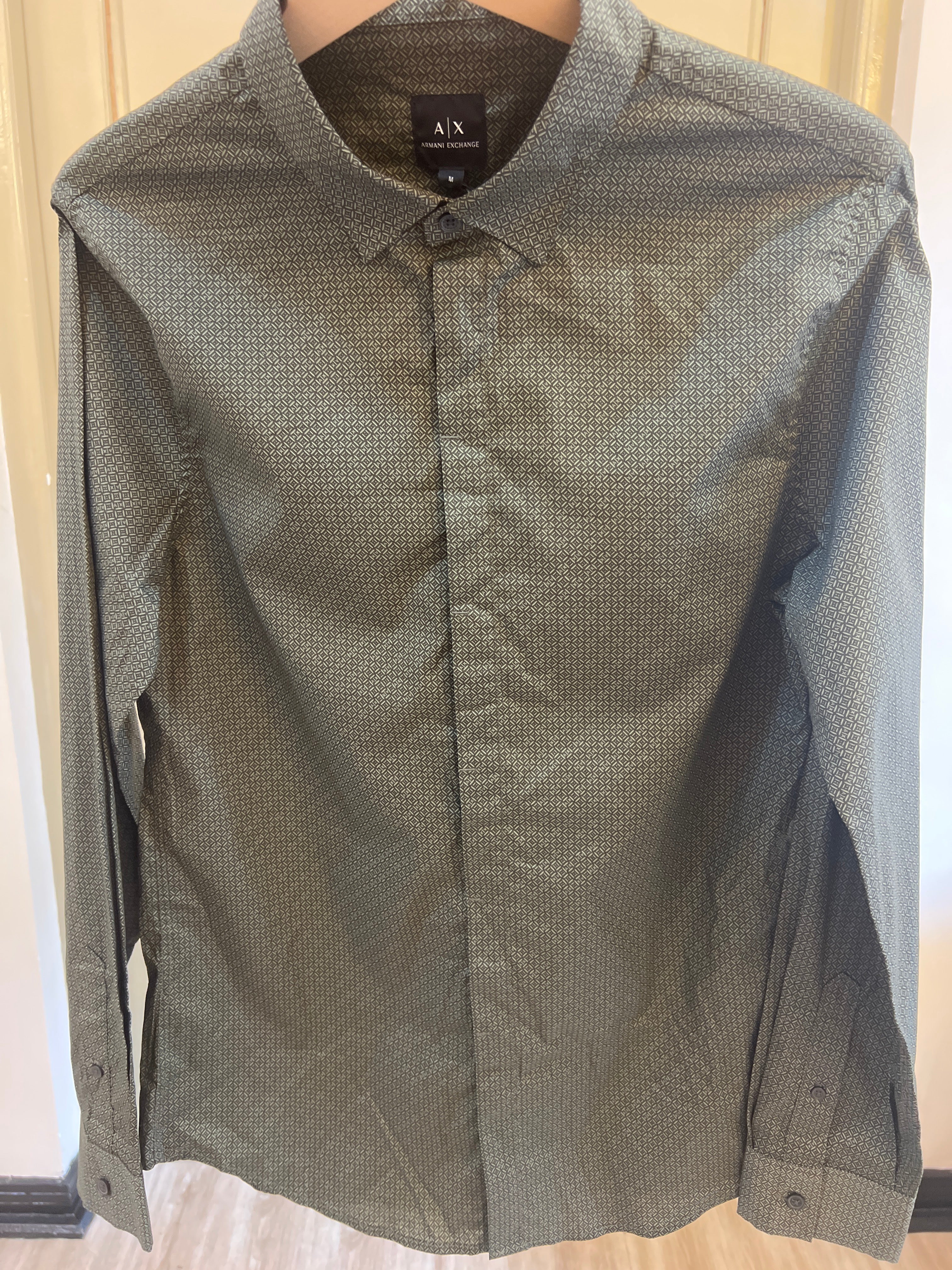 Armani Exchange men's green slim-fit shirt made from stretch cotton poplin