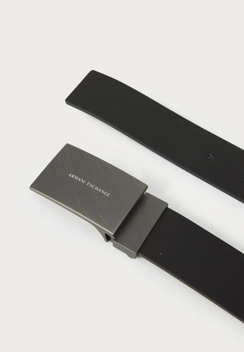 Armani Exchange brand men's adjustable belt grey featuring a gunmetal-tone buckle with logo branding