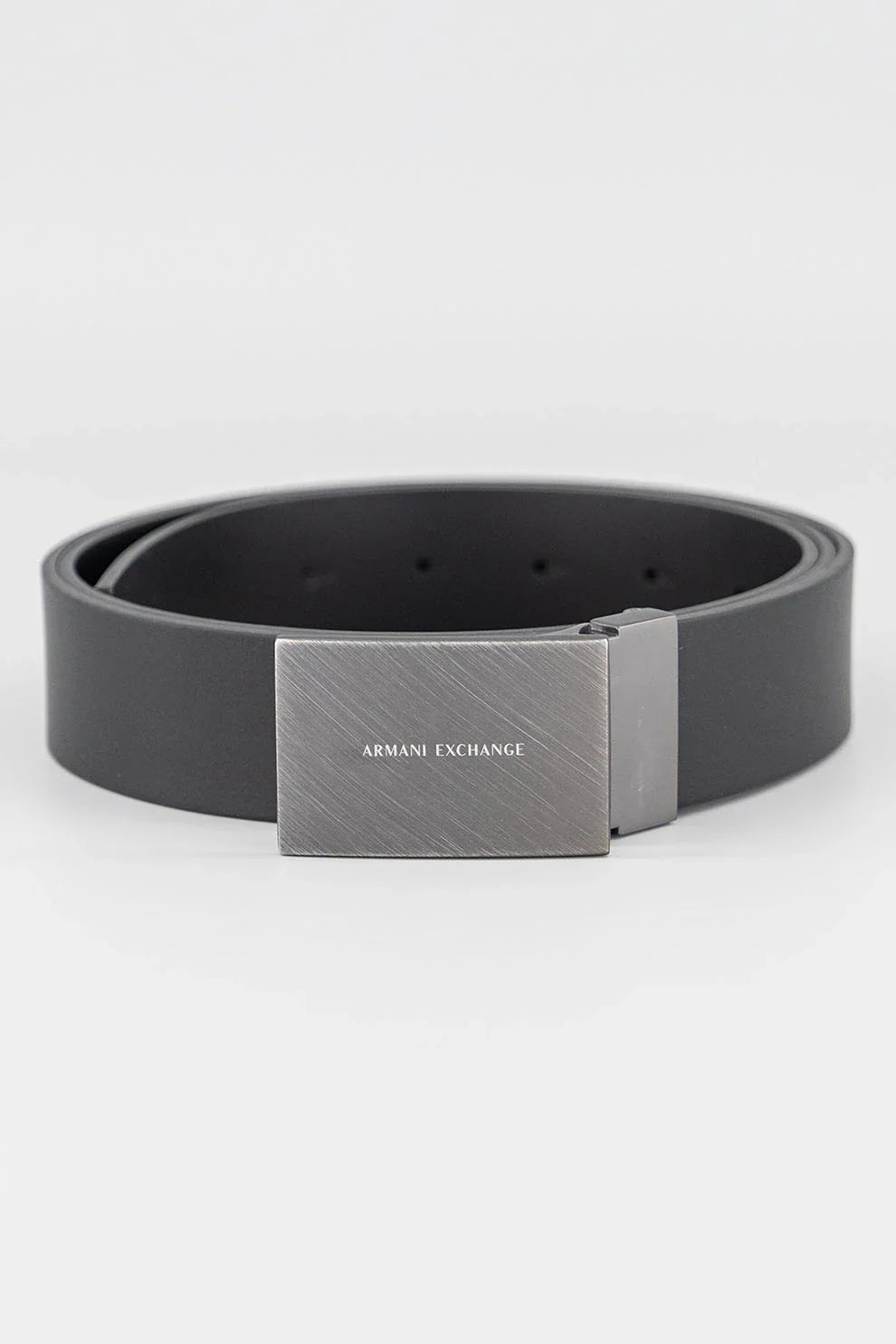 Armani Exchange brand men's adjustable belt grey featuring a gunmetal-tone buckle with logo branding