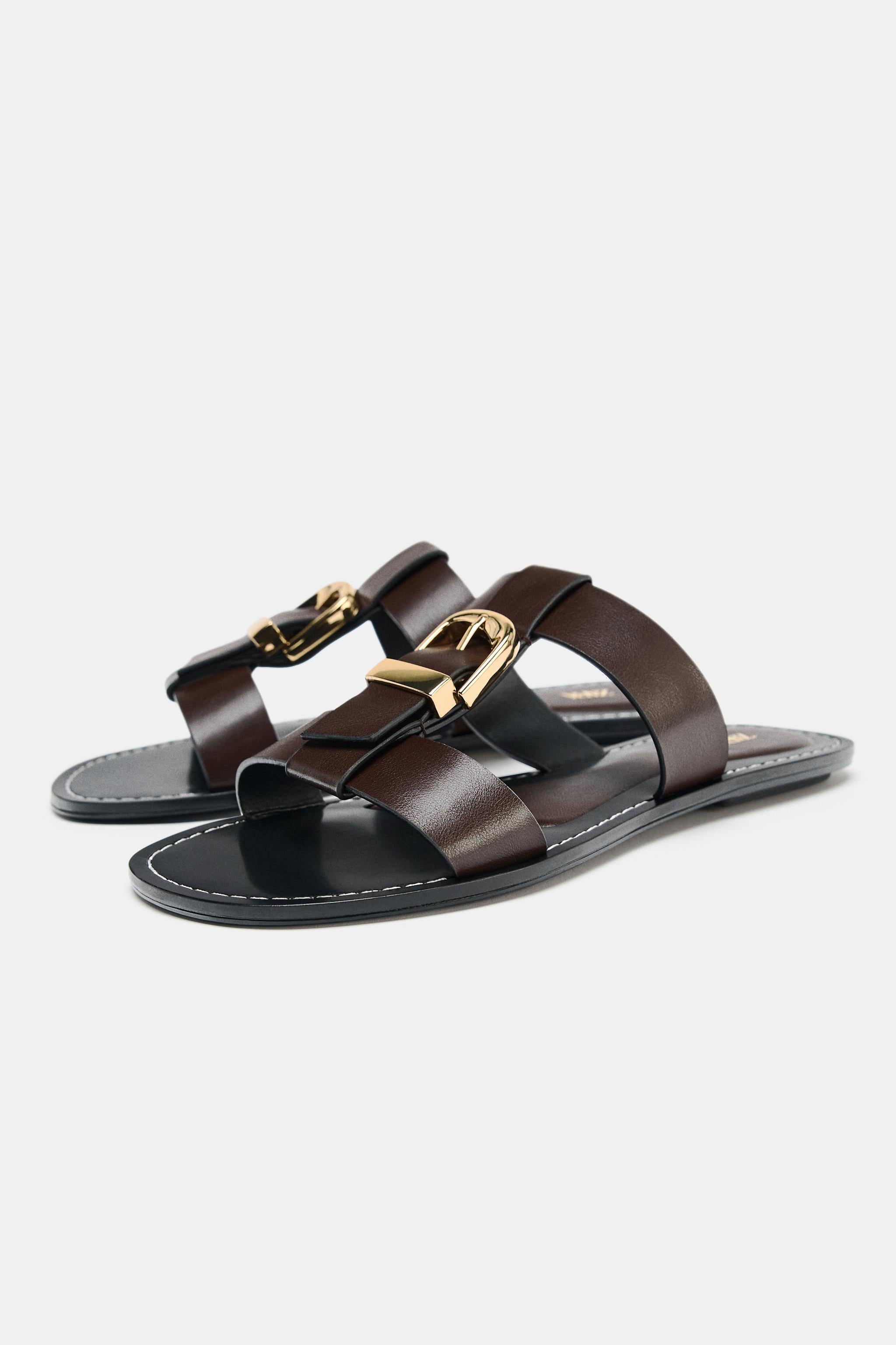 Zara brown double-strap flat sandals