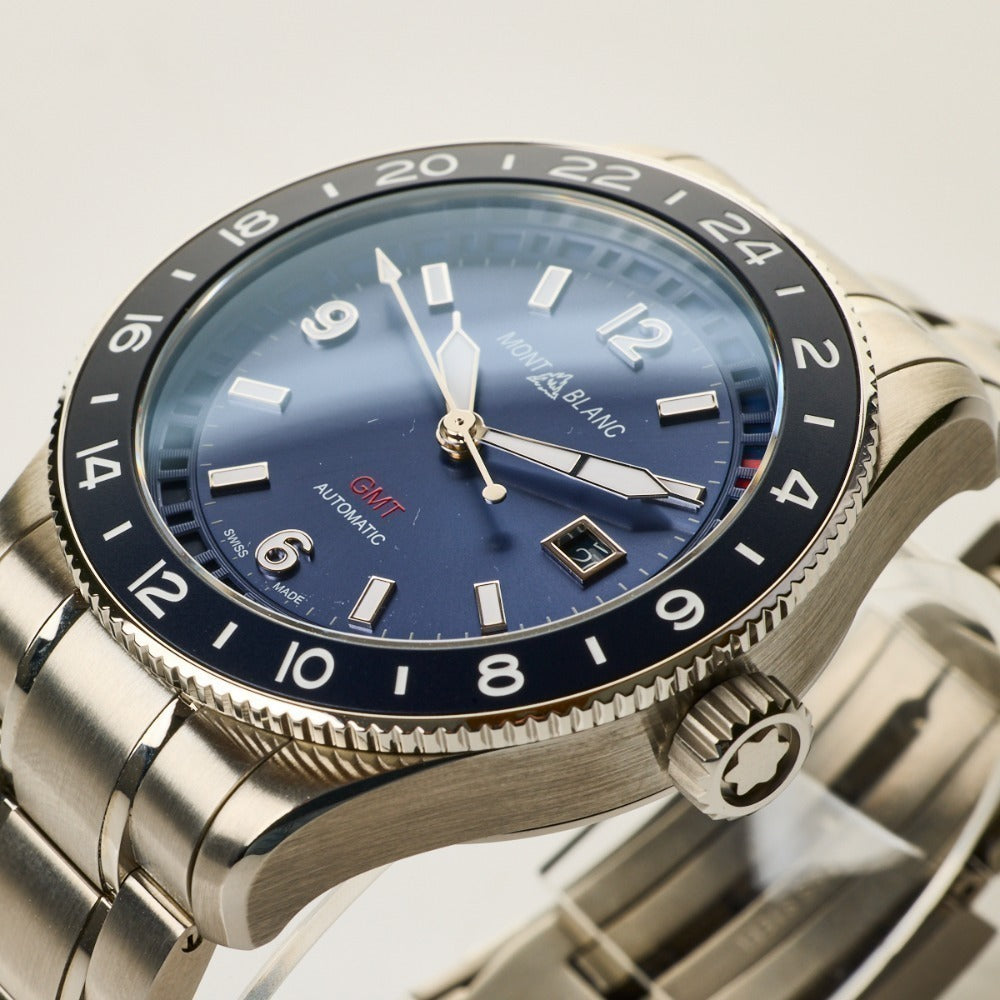 Montblanc 1858 GMT 42mm automatic watch with a blue dial and a stainless steel bracelet