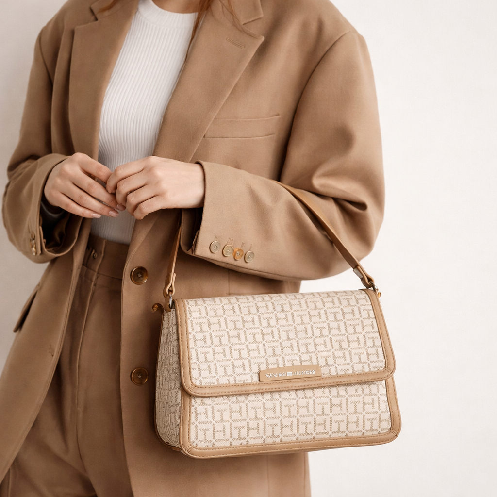 Tommy Hilfiger Light Stone & Basket Brown Logo Shoulder Bag