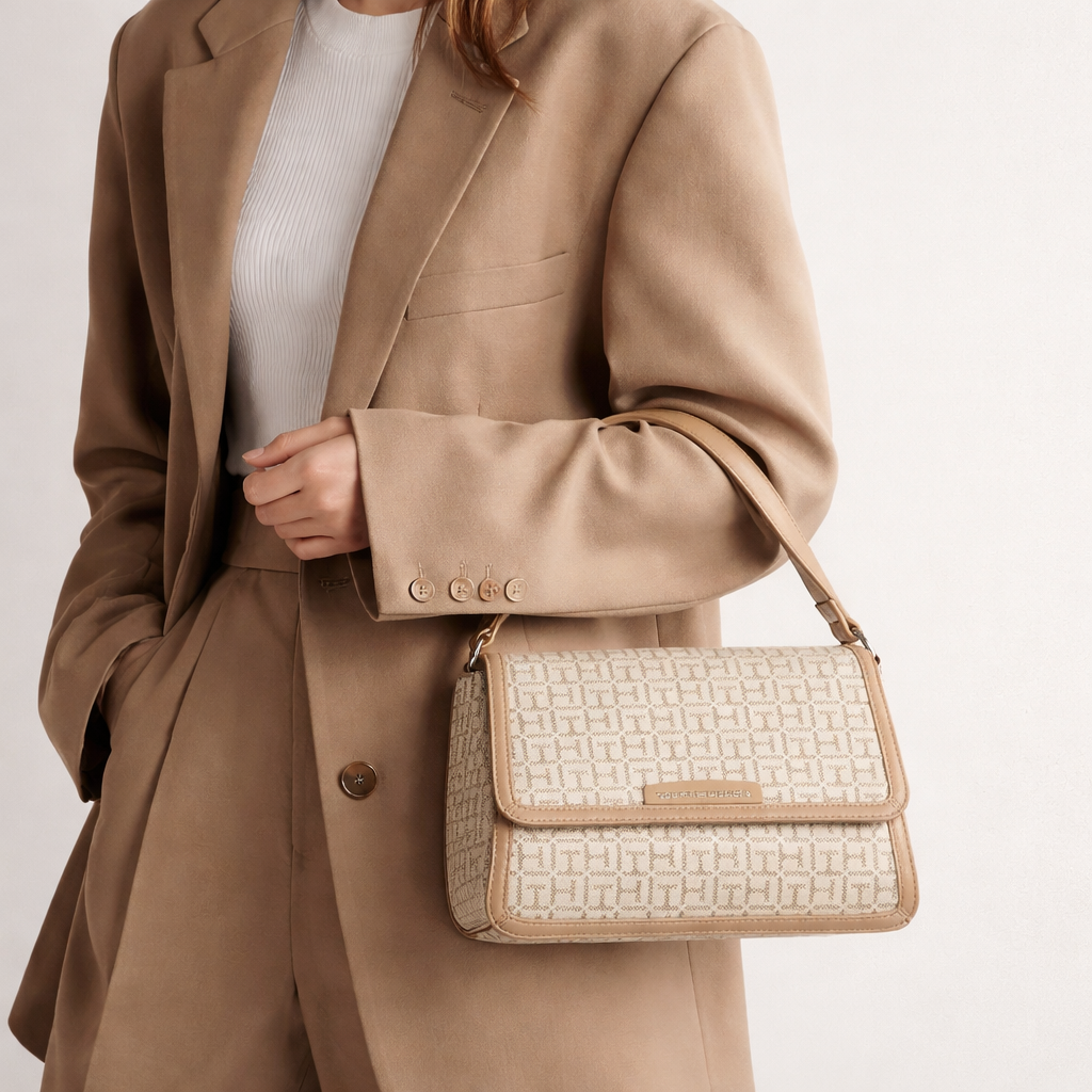 Tommy Hilfiger Light Stone & Basket Brown Logo Shoulder Bag