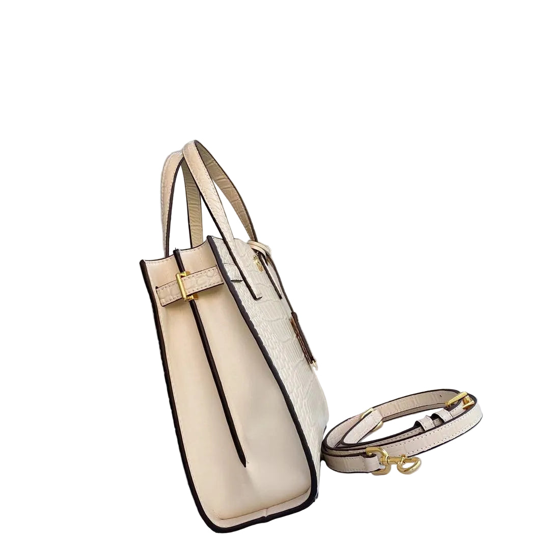 Tory Burch Small Walker Croc-Embossed Leather Satchel — Cream