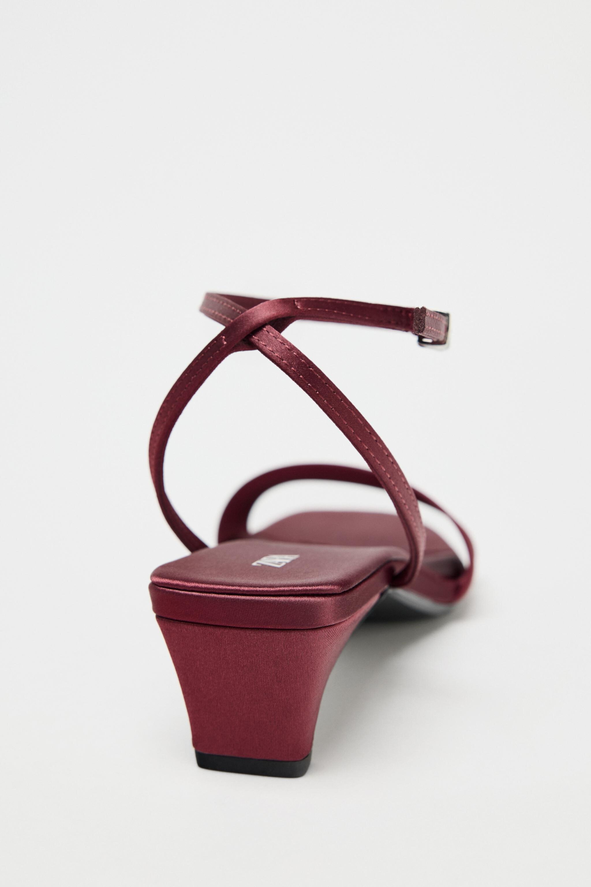 Zara satin-effect sandals with a low, chunky heel and square toe