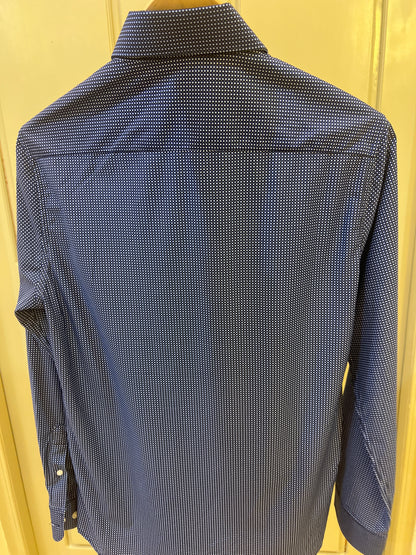 DKNY long-sleeve dress shirt featuring a small white polka dot pattern
