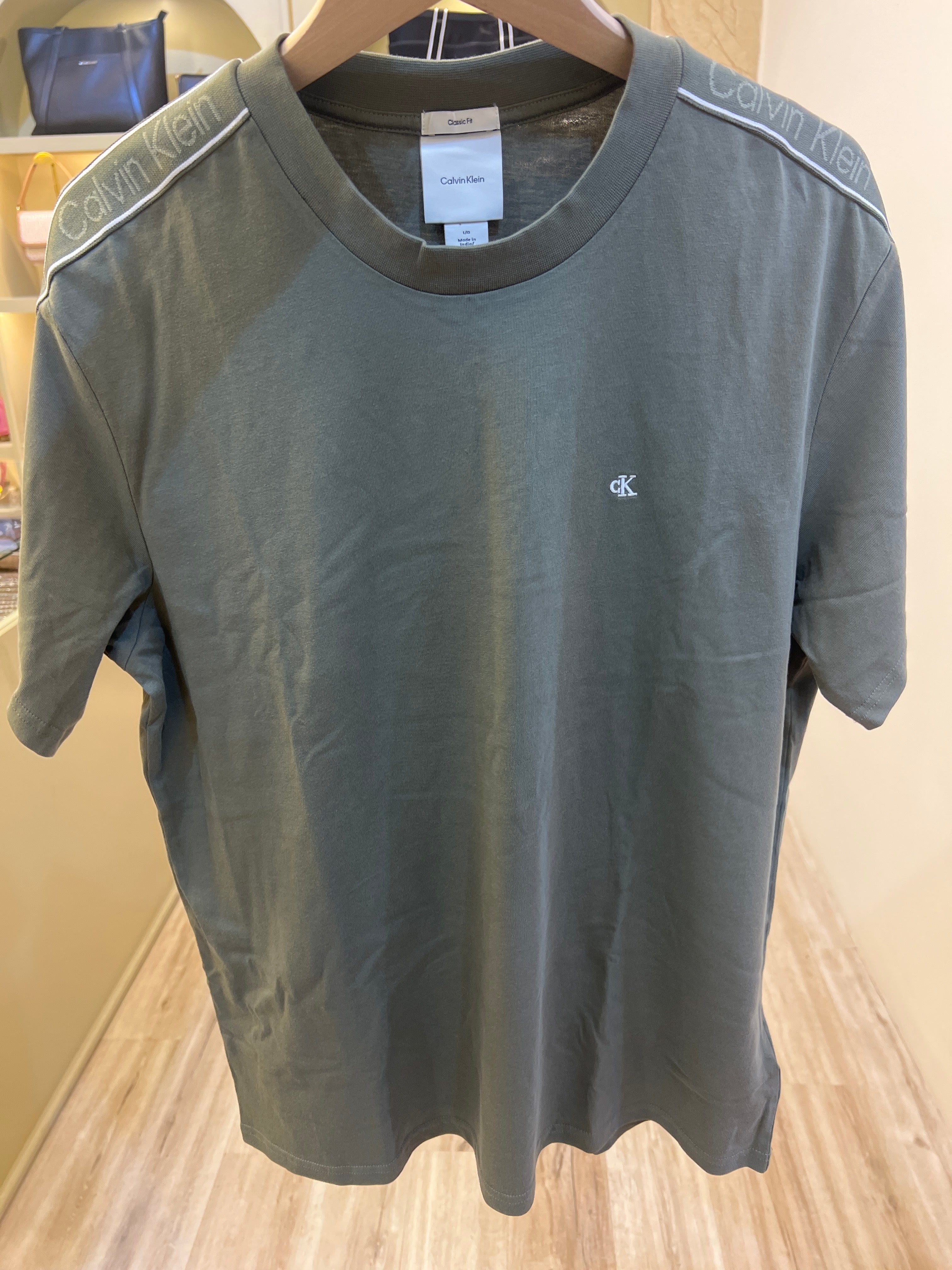 Calvin Klein logo tape crewneck t-shirt in olive green
