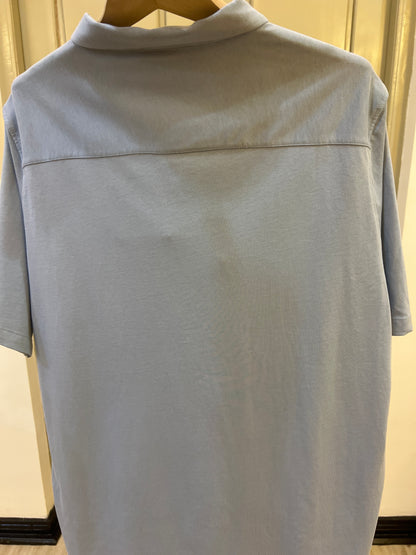 AllSaints men's light blue button-down shirt featuring the brand's signature embroidered logo on the chest