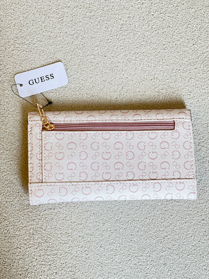 Guess wallet featuring a monogram logo pattern and a structured metallic logo plate