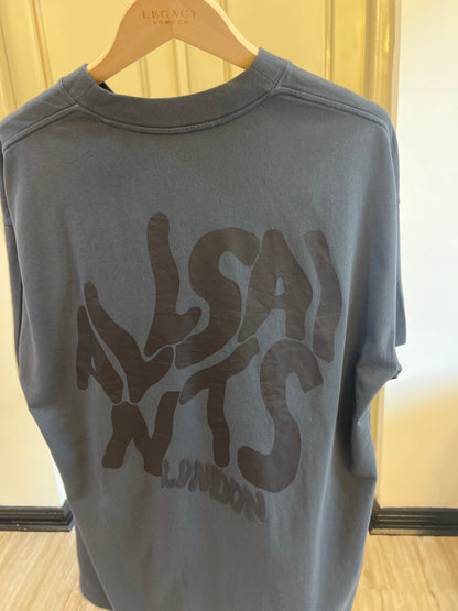 AllSaints Orlando T-shirt featuring a distinctive bubbly logo script on the chest featuring a prominent black graphic print on the back