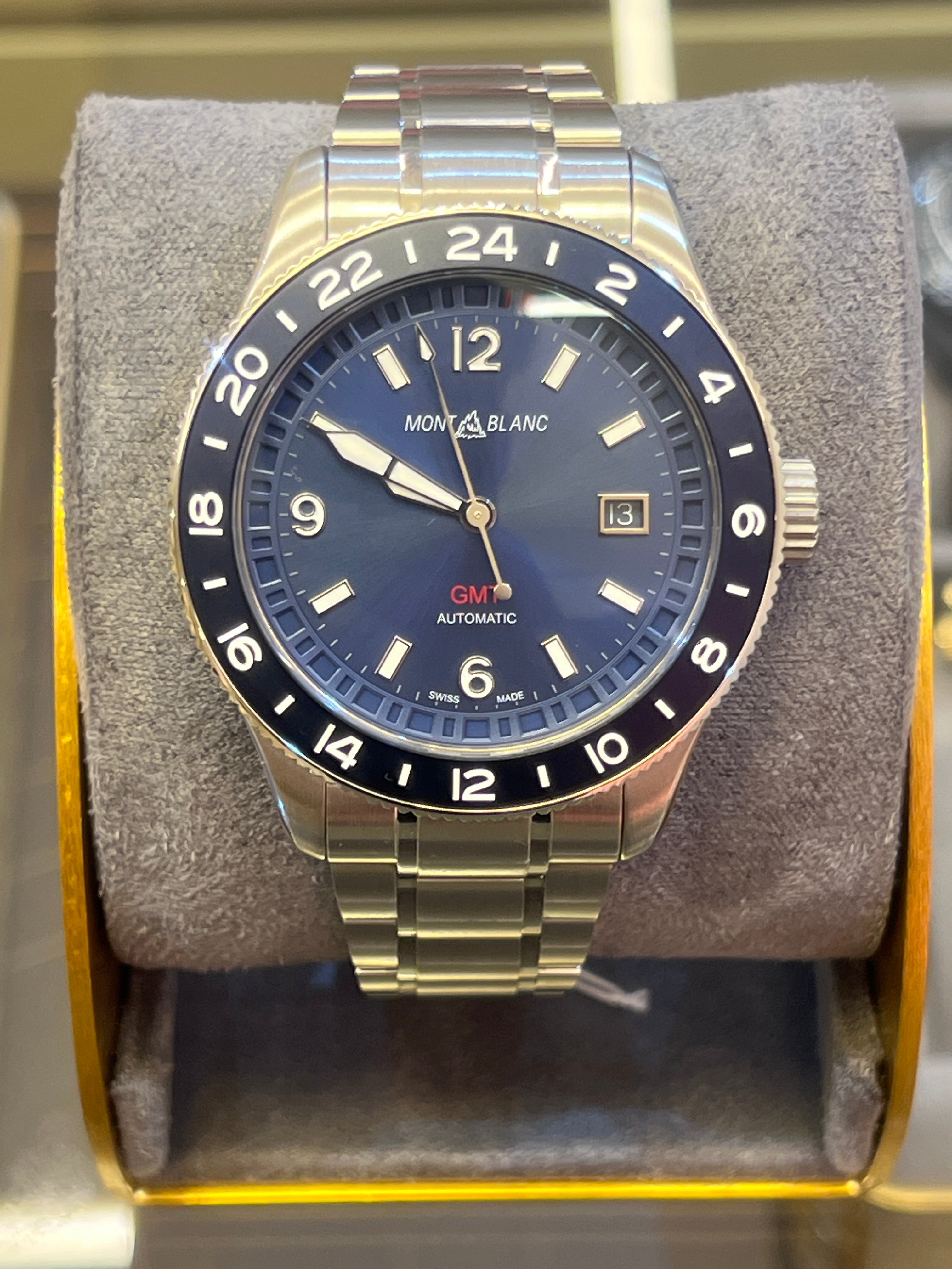 Montblanc 1858 GMT 42mm automatic watch with a blue dial and a stainless steel bracelet