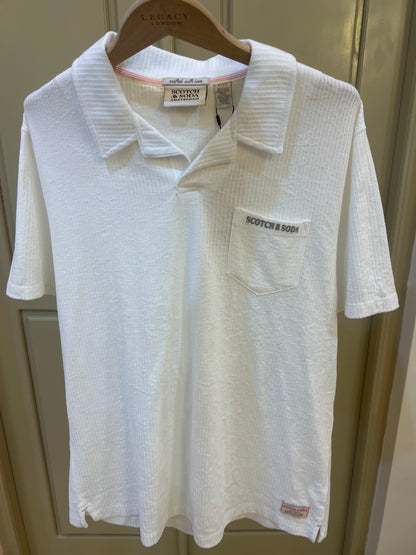 Scotch & Soda textured polo shirt features a distinctive chest pocket with embroidered branding