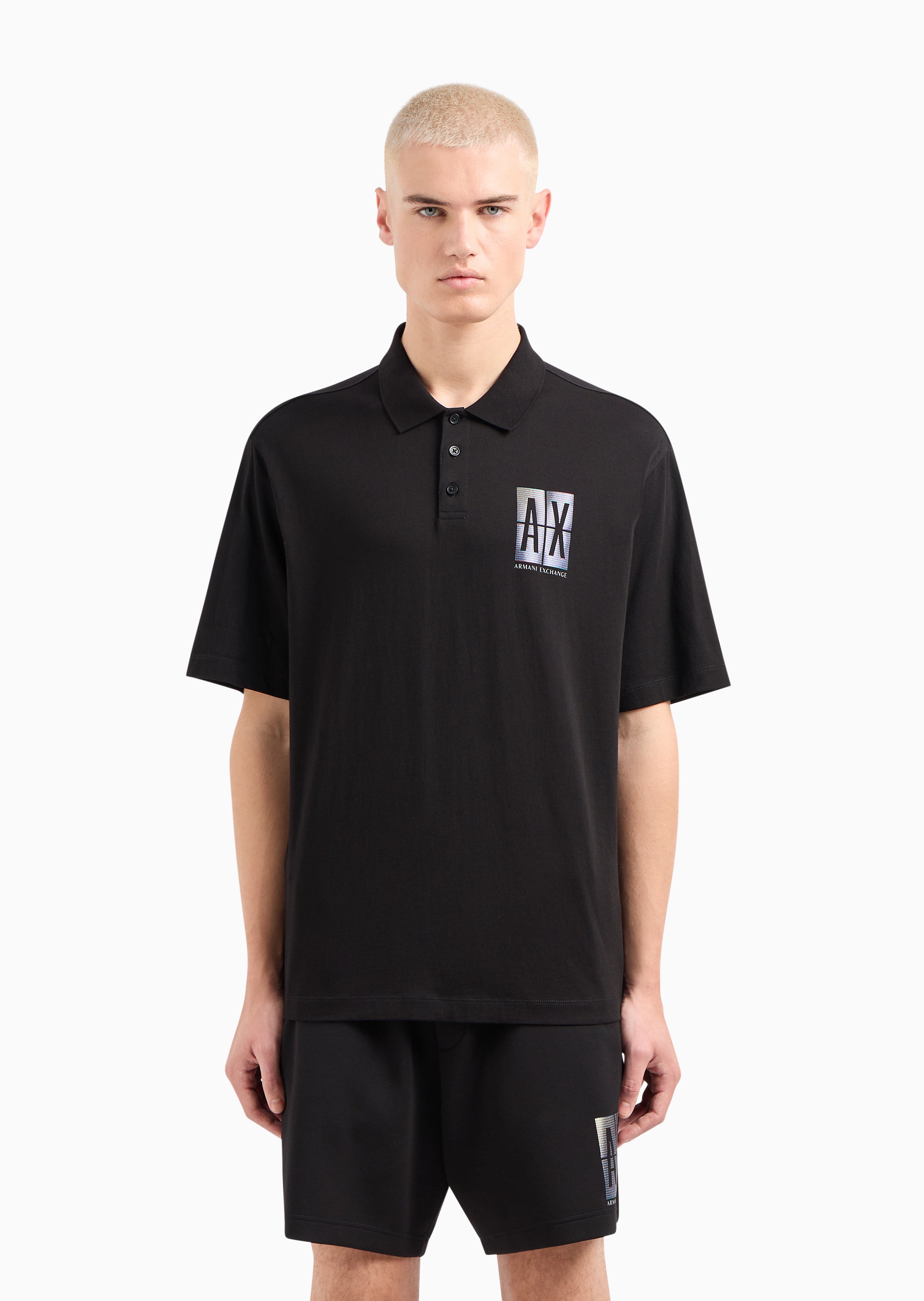 ARMANI EXCHANGE Abstract Print Black Loose Fit Jersey Polo T-Shirt M