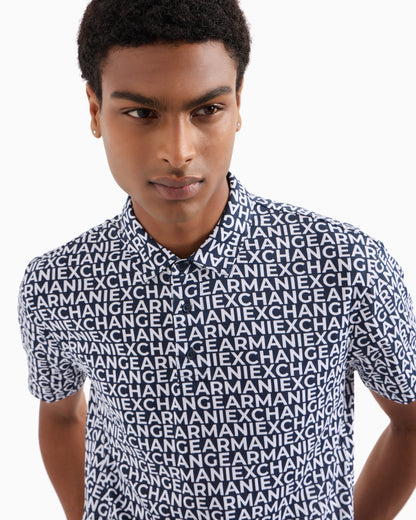 Armani Exchange men's short sleeve polo shirt with an all-over logo text print