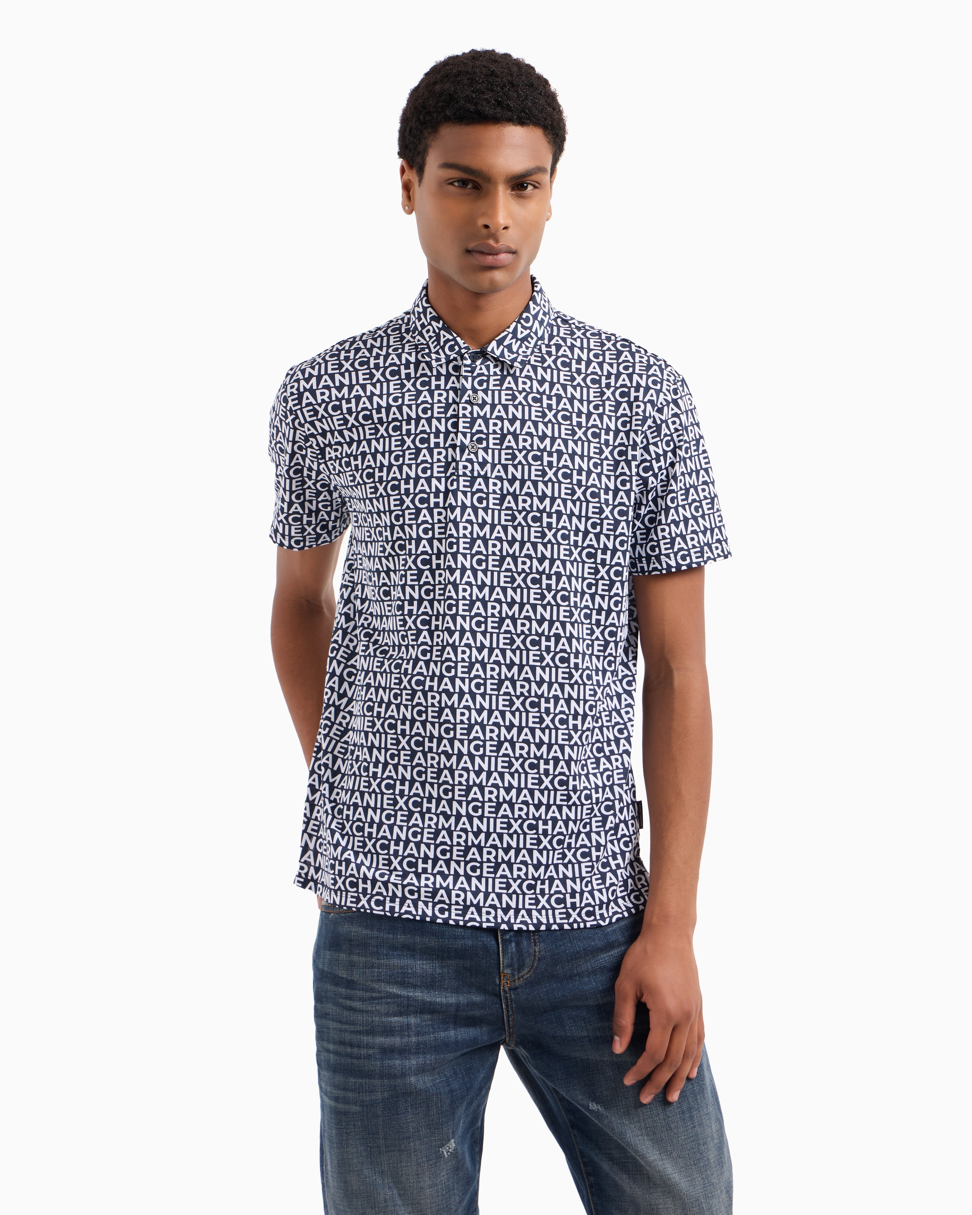 Armani Exchange men's short sleeve polo shirt with an all-over logo text print
