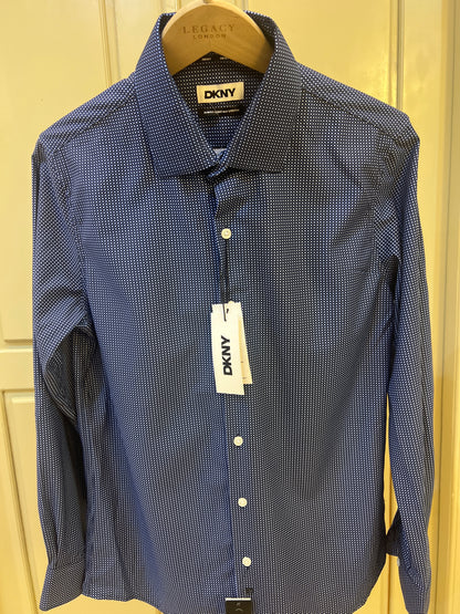 DKNY long-sleeve dress shirt featuring a small white polka dot pattern