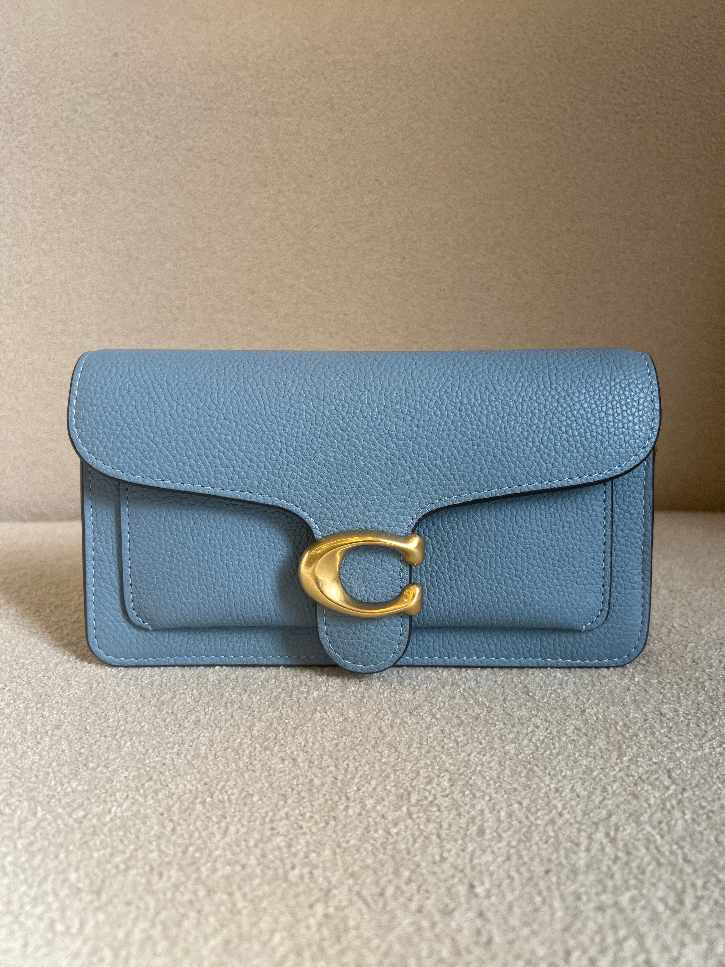 Blue Coach Tabby Chain Clutch featuring pebbled leather and gold-tone hardware