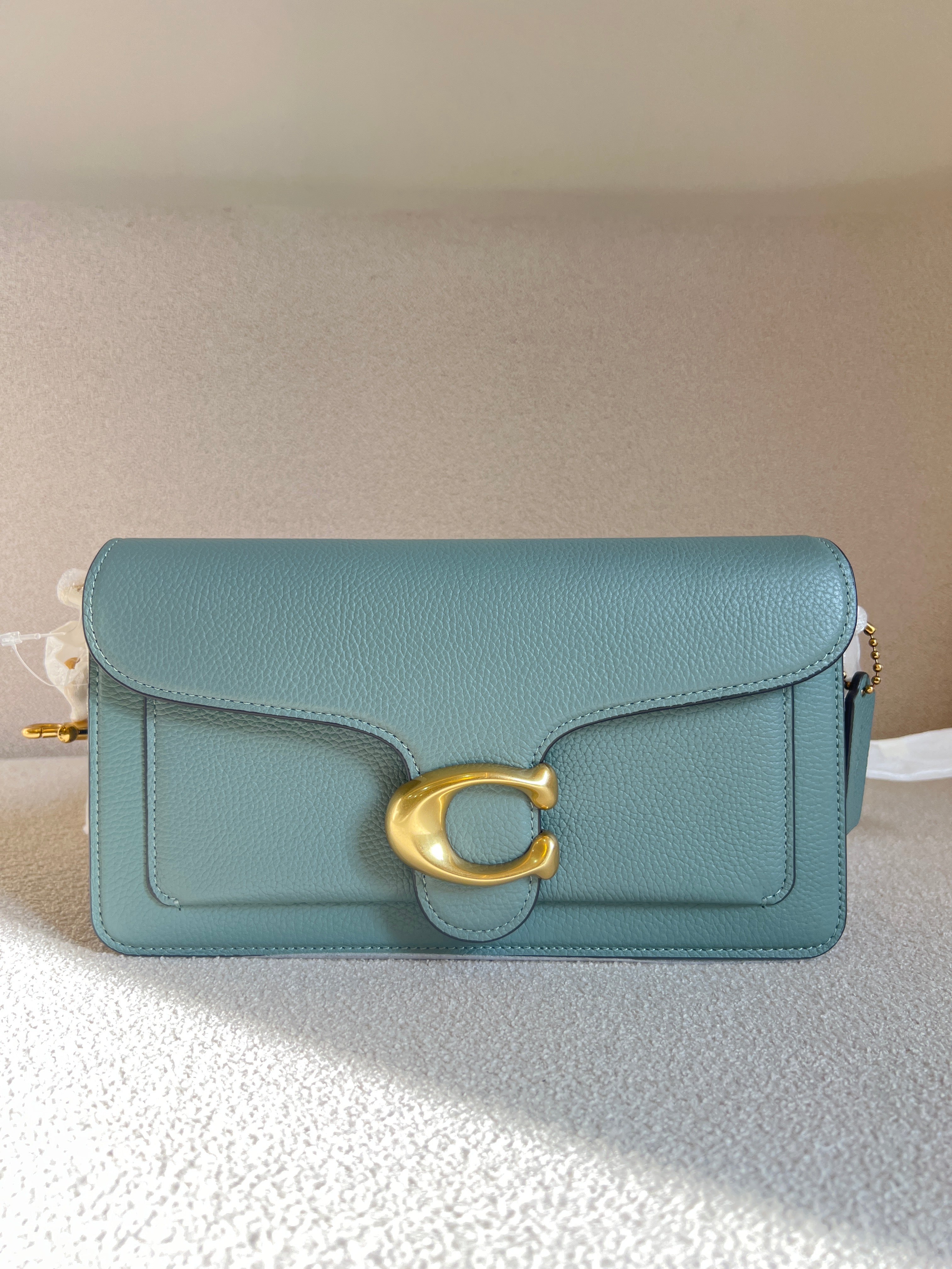 Coach Tabby Chain Clutch in Sage Green polished pebble leather