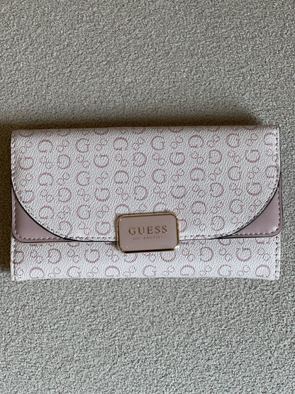 Guess wallet featuring a monogram logo pattern and a structured metallic logo plate