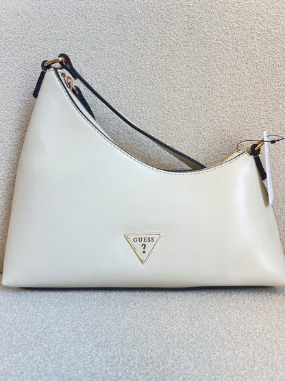 Guess Noelle top zip shoulder bag features a sleek white faux leather exterior with a distinctive triangular logo plaque