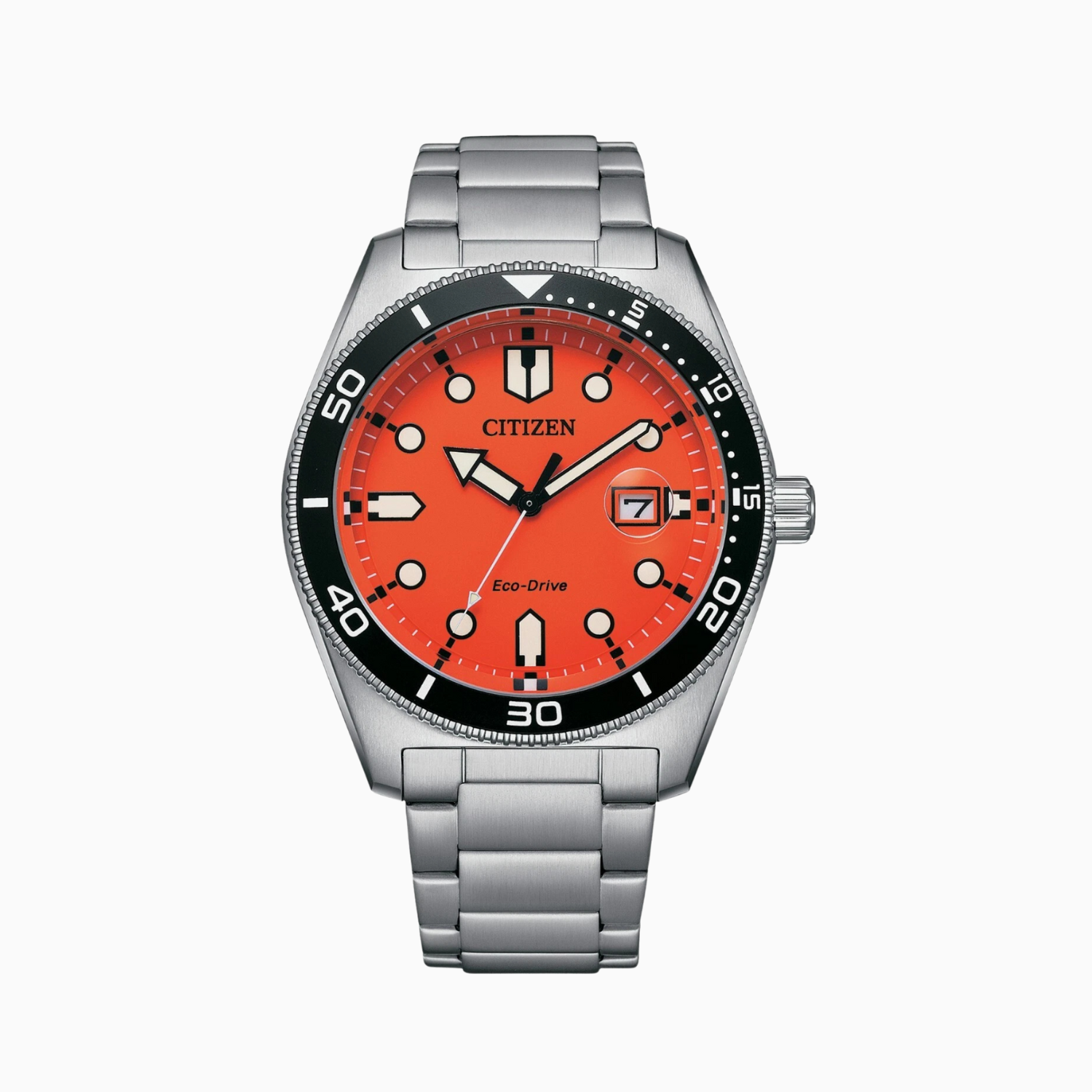 Citizen Men's Eco-Drive Silver Date Indicator Orange Dial Watch 43 MM