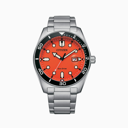 Citizen Men's Eco-Drive Silver Date Indicator Orange Dial Watch 43 MM