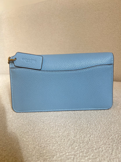 Blue Coach Tabby Chain Clutch featuring pebbled leather and gold-tone hardware