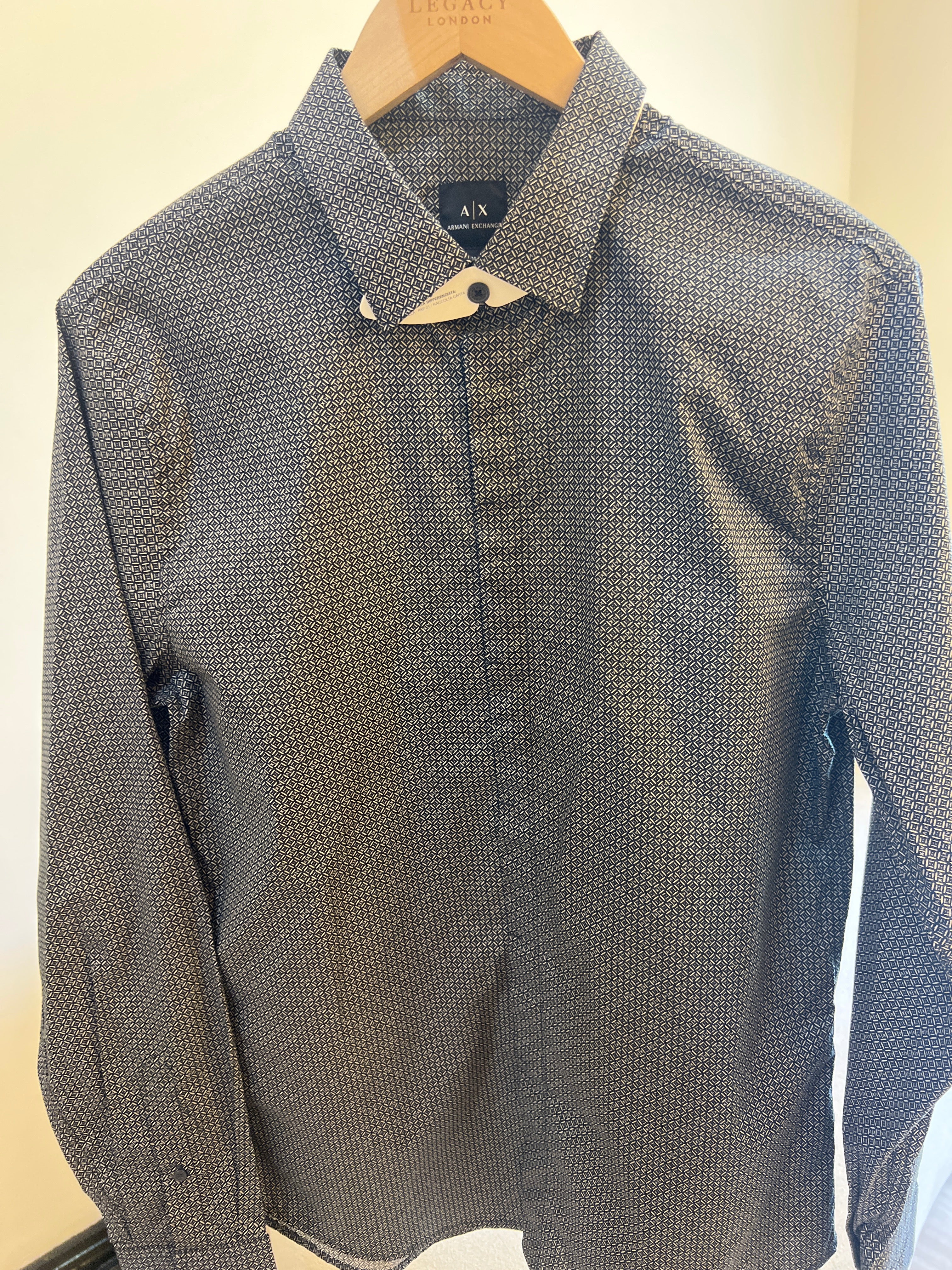 Armani Exchange Micro Pattern Logo Stretch Poplin Long Sleeve Shirt, featuring a geometric print and stretch poplin fabric