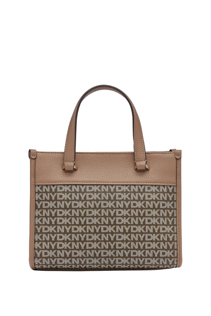 DKNY Zoie Mini Logo Tote in a cappuccino or marshmallow color, featuring a faux leather exterior and all-over logo embroidery