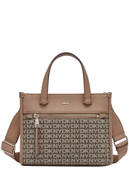 DKNY Zoie Mini Logo Tote in a cappuccino or marshmallow color, featuring a faux leather exterior and all-over logo embroidery