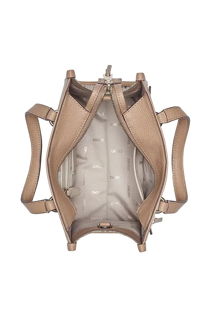 DKNY Zoie Mini Logo Tote in a cappuccino or marshmallow color, featuring a faux leather exterior and all-over logo embroidery