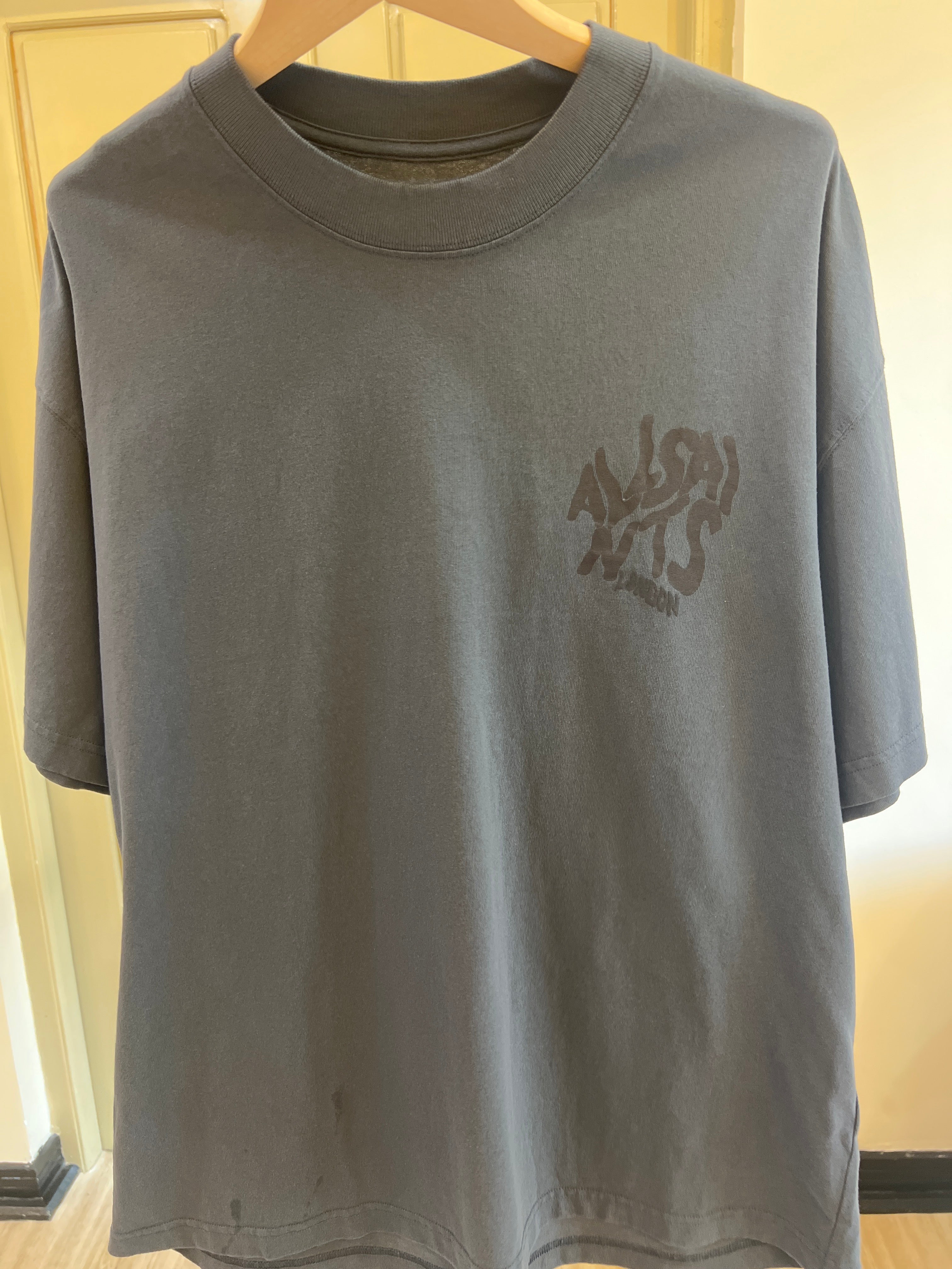 AllSaints Orlando T-shirt featuring a distinctive bubbly logo script on the chest featuring a prominent black graphic print on the back