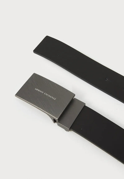 Armani Exchange brand men's adjustable belt grey featuring a gunmetal-tone buckle with logo branding