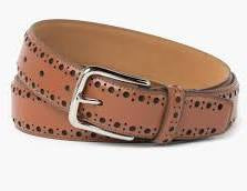Cole Haan men's perforated leather belt is a tan-colored accessory featuring a polished silver buckle