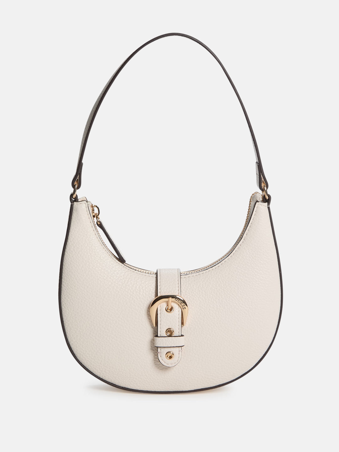 This is a white GUESS Kaline pebbled faux-leather shoulder bag