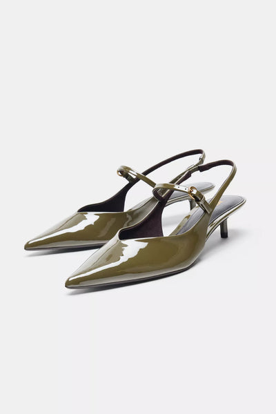 Zara olive green pointed slingback kitten heels