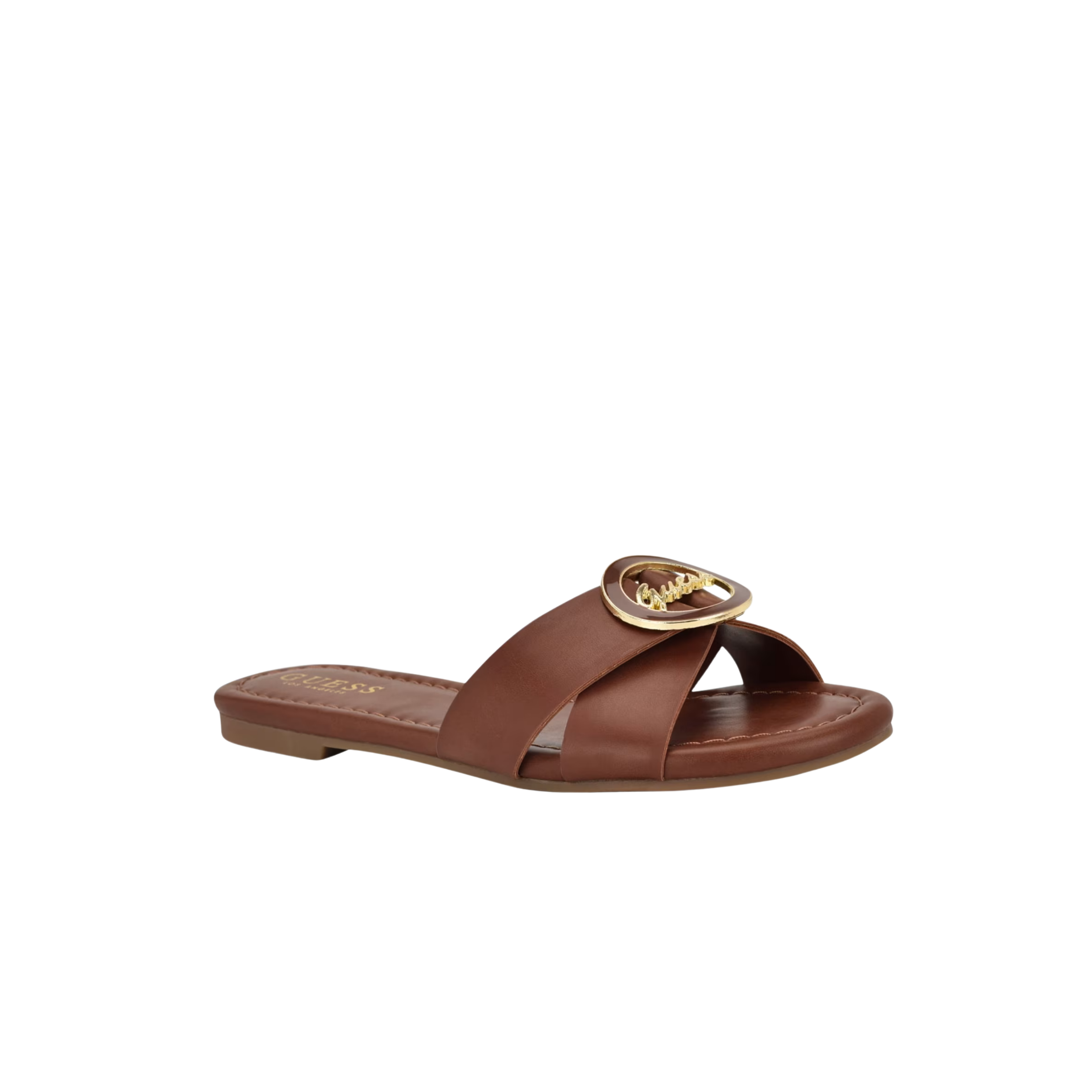 Guess brown slide sandals feature a distinctive gold-toned brand logo on the strap