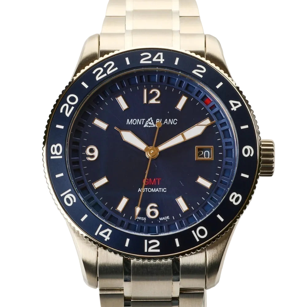 Montblanc 1858 GMT 42mm automatic watch with a blue dial and a stainless steel bracelet