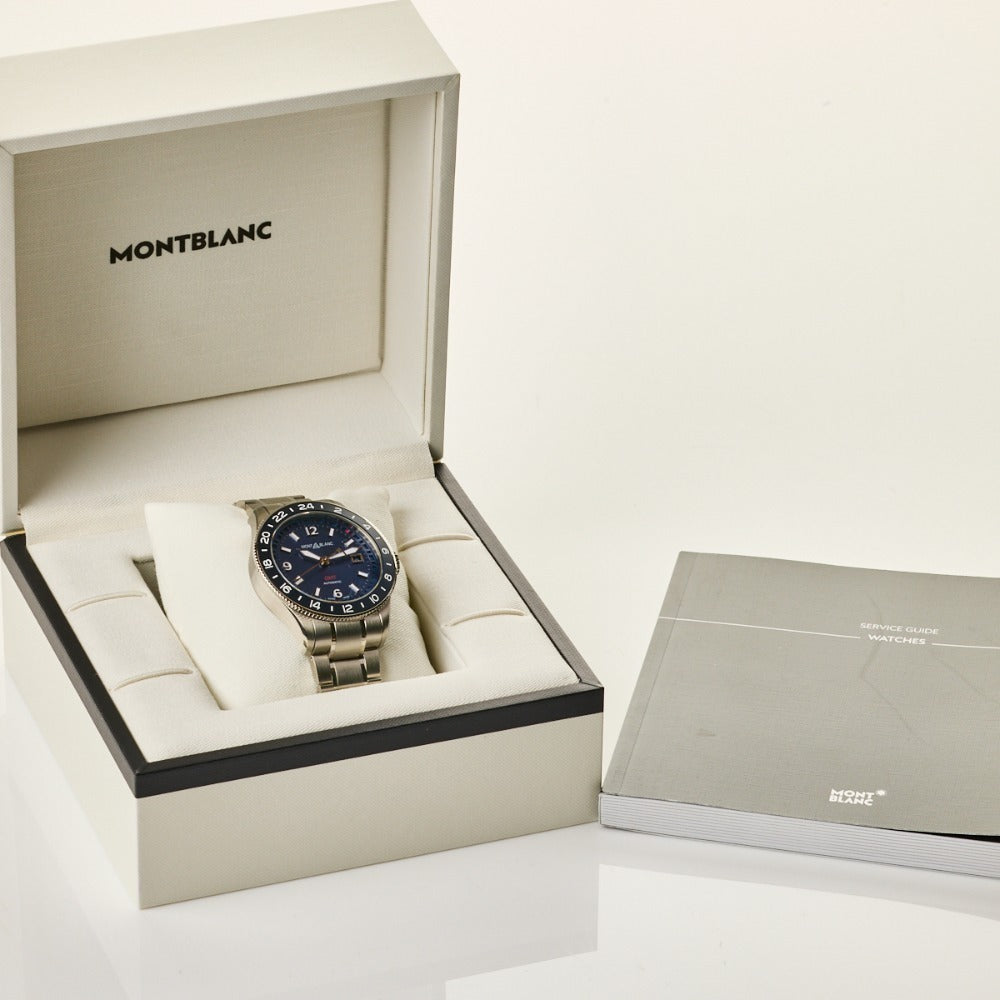 Montblanc 1858 GMT 42mm automatic watch with a blue dial and a stainless steel bracelet