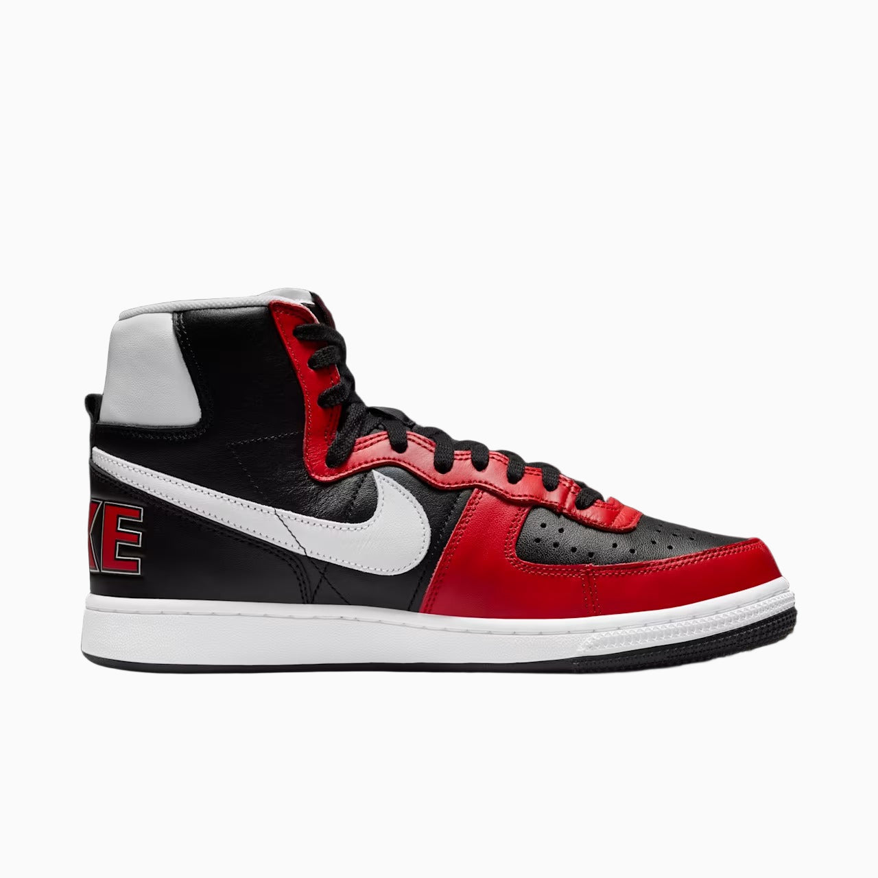 Black and red sneaker with a white Nike logo on a black background