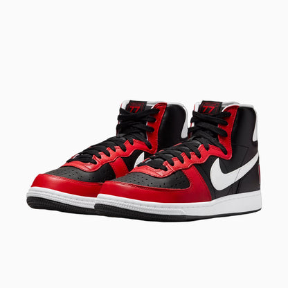 Black and red high-top sneakers with a white Nike logo on a black background