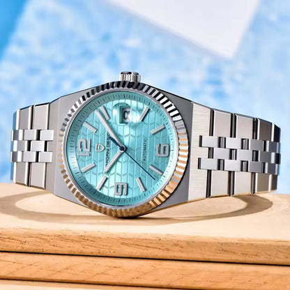 Pagani Design PD-YS027 automatic mechanical watch with an ice blue/sky blue honeycomb dial and a stainless steel integrated bracelet