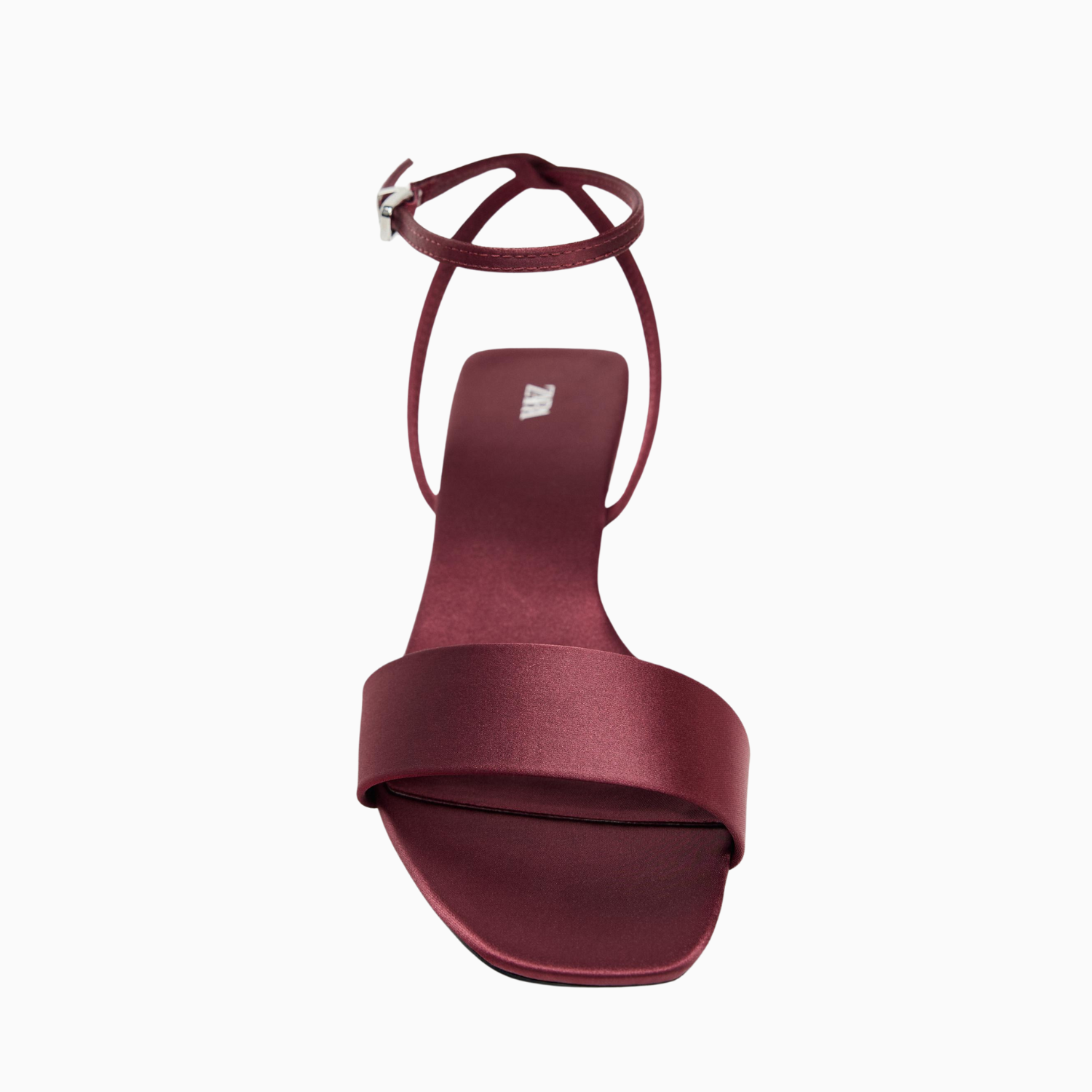 Zara satin-effect sandals with a low, chunky heel and square toe